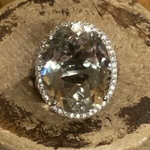 Sterling Silver Prasiolite & Zircon Ring Size 6 Large Faceted Statement by RRJ